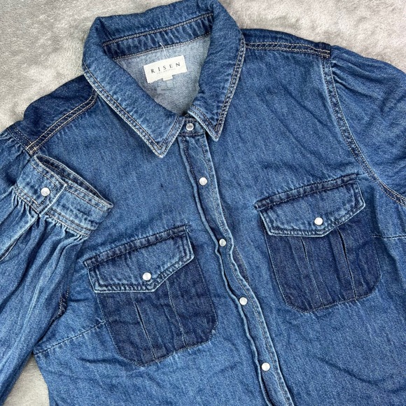 Risen Tops - Risen Denim Pearl Snap Shirt Women Large Blue Two Tone Long Sleeve Puff Shoulder